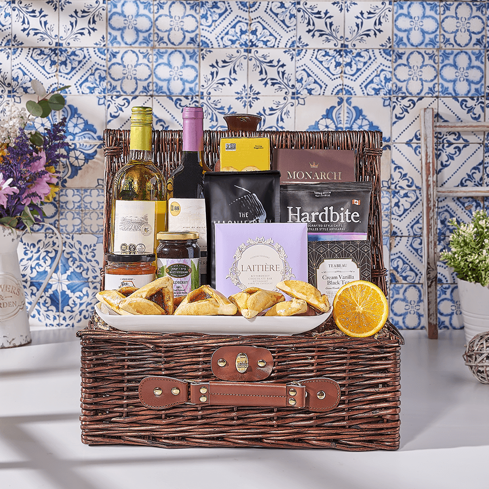 Deluxe Purim Wine &amp; Snack Basket, wine gift, wine, kosher wine gift, kosher wine, Canada delivery