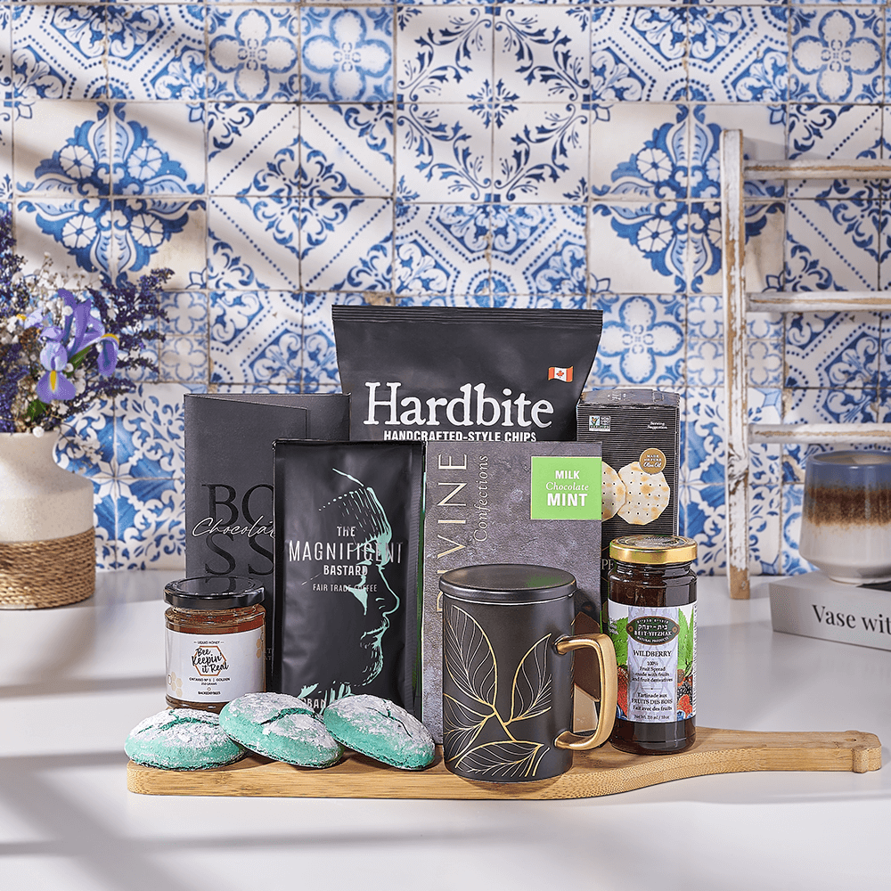Hanukkah Coffee &amp; Snacks Gift Basket, kosher gift, kosher, coffee gift, coffee, chocolate gift, chocolate, Canada delivery