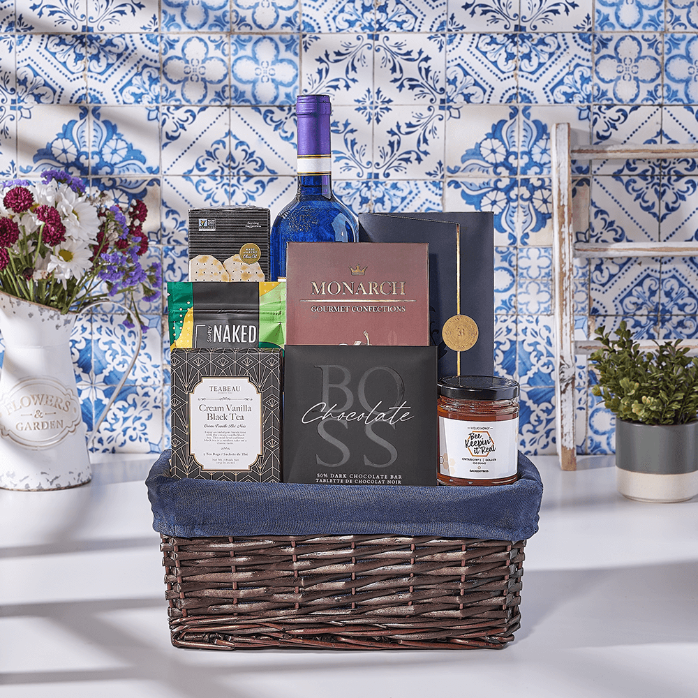 Happy Hanukkah Wine &amp; Snack Basket, wine gift, wine, kosher wine gift, kosher wine, kosher gift, kosher, Canada delivery