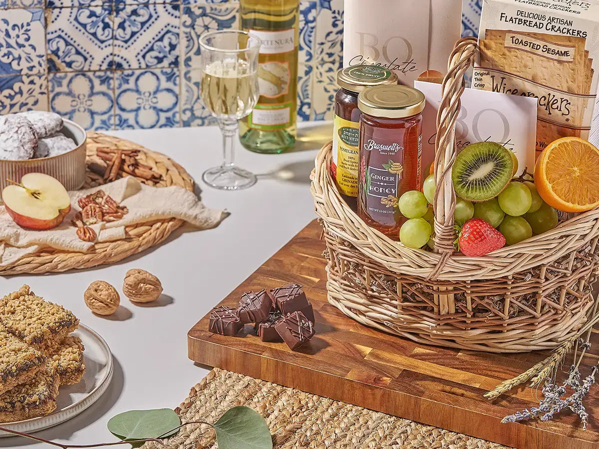 Close-up detail of premium kosher gift basket presentation