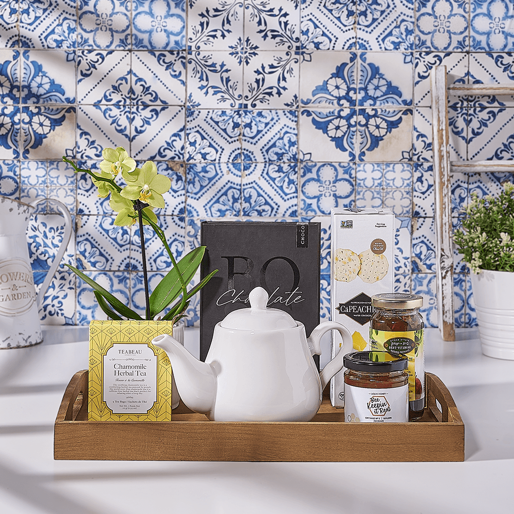 Passover Orchid & Tea Set, kosher gift, kosher, plant gift, plant, chocolate gift, chocolate, tea gift, tea, Canada delivery