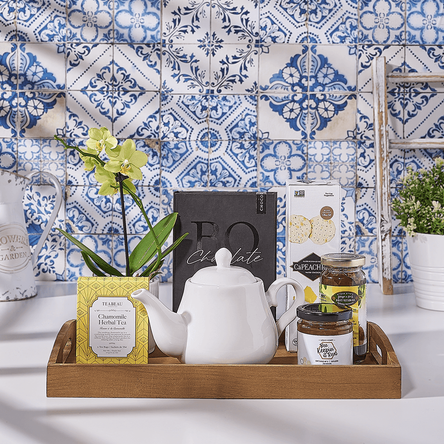 Passover Orchid & Tea Set, kosher gift, kosher, plant gift, plant, chocolate gift, chocolate, tea gift, tea, Canada delivery