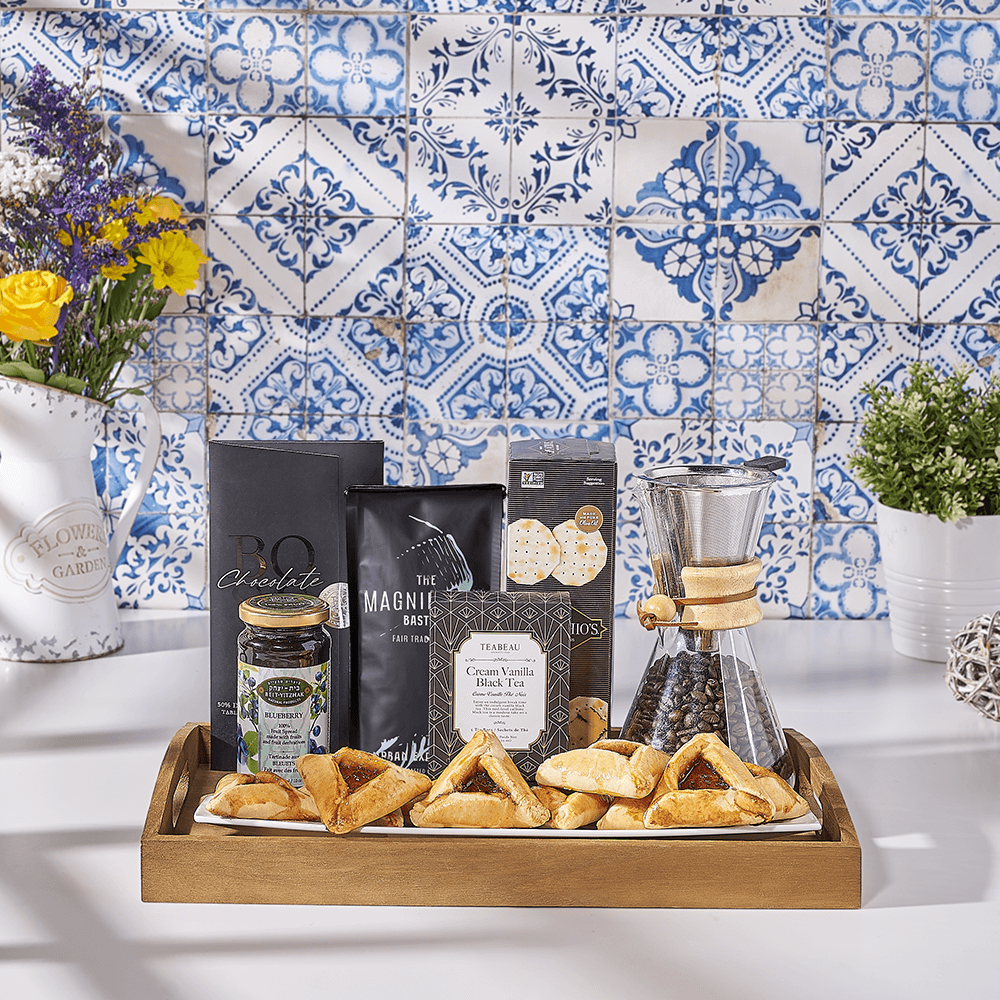 Purim Coffee & Snacks Gift Basket, kosher gift, kosher, coffee gift, coffee, tea gift, tea, Canada delivery