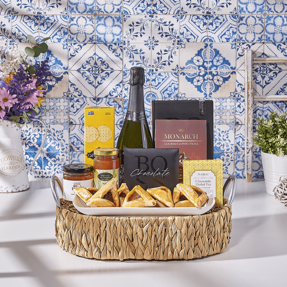 The Hamantaschen Gift Basket, kosher gift, kosher, champagne gift, champagne, sparkling wine gift, sparkling wine, cookie gift, cookie, Canada delivery